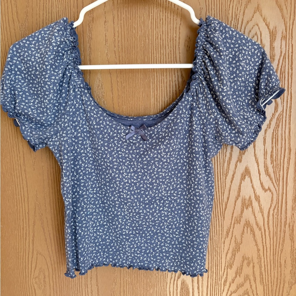 American Eagle Outfitters Blue Floral Puff-Sleeve Crop Top